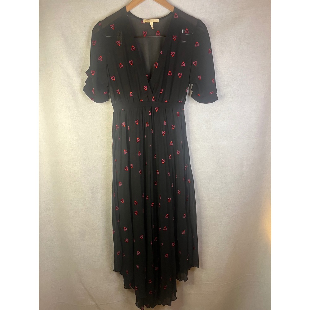 Maje Rengo Heart Embroidered Pleated Chiffon Midi Dress Sz Small